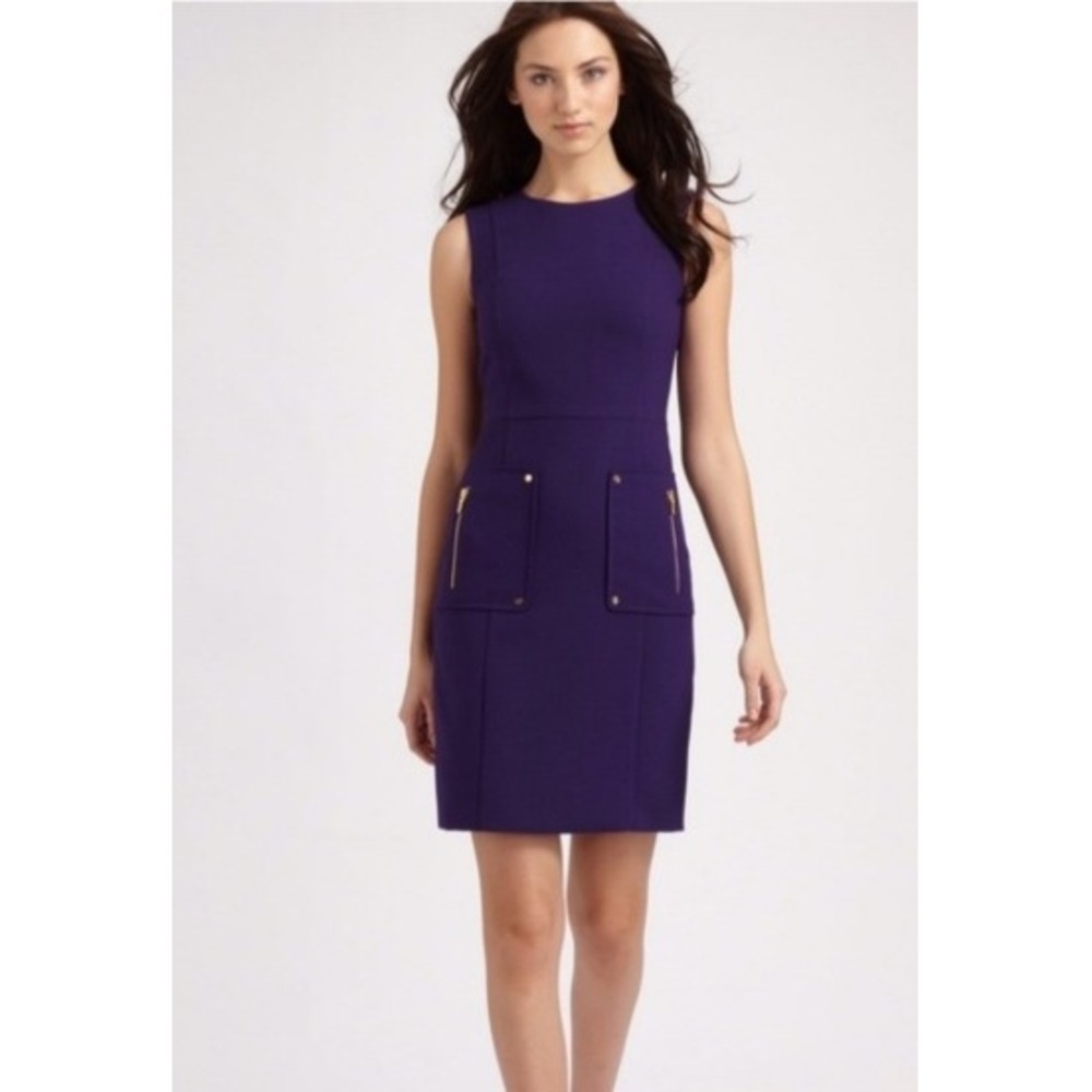 Tory Burch Petra Purple Sleeveless Sheath Dress Wool Blend Gold Hardware Size 12 - Picture 3 of 14